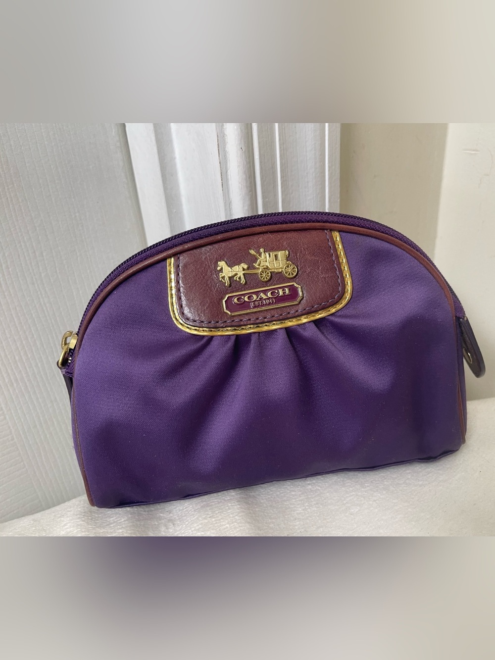 Coach Purple Satin Cosmetic Pouch with Gold Logo Trim